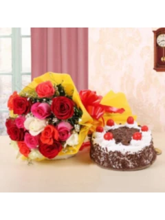 Black Forest Cake With Mix Roses Bouquet